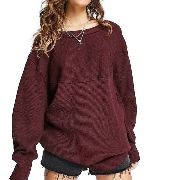 Free People Volume Sleeve Thermal Top Burgundy Cherry Cola Ribbed Oversized - Picture 1 of 9